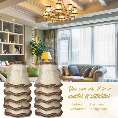 10 Pack European Mini Lamp Shades For Chandeliers displayed in a living room, featuring rustic gold tone and glitter lace trim.