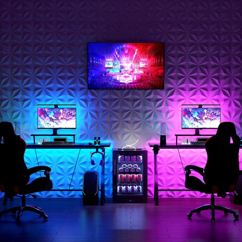 33 Pack 3D Wall Panels PVC Textured White 12x12 Inches Interior Wall Decor Covering 32 Sq Ft Easy DIY Install No Tools Needed Self Installing Accent Panels for Modern Home behind gaming setup
