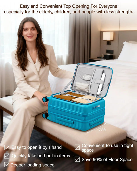 Woman with expandable carry-on roller suitcase in Caribbean blue showing top opening on a bed for easy packing and accessibility.