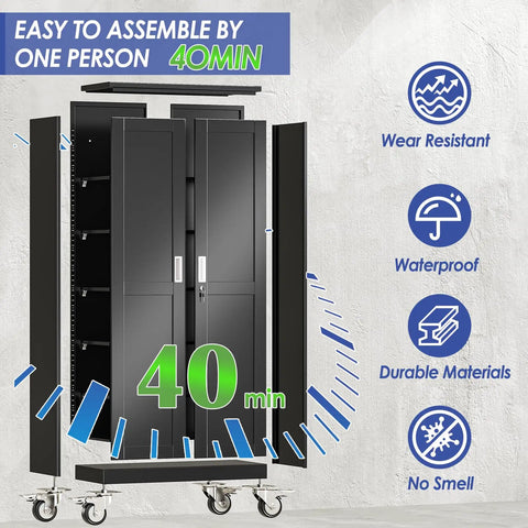 Beefy 71 Inch Metal Garage Storage Cabinet On Wheels With Locking Doors, tall rolling tool cabinet with four adjustable shelves shown