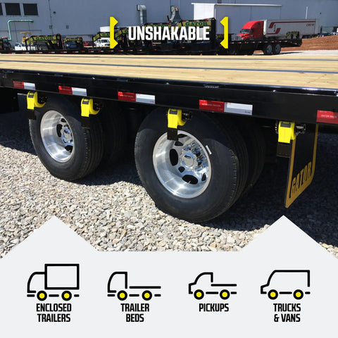 Flatbed trailer with four pack sliding winch kit for tightening loads on rough roads, showing powder-coated steel and corrosion resistance.