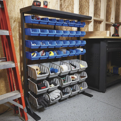 Heavy Duty Garage Organization Workhorse Storage Rack With Powder Coated Steel Rails And Hella Sturdy 47 Super Polypropylene Bins in workshop