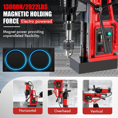 1550W Portable Magnetic Drill Press With 2 Inch Boring Diameter And Variable Speed Up To 500 Rpm showcasing magnetic holding force and versatility.