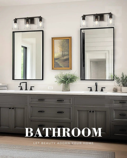 3 Light Vintage Style Vanity Light Fixture in oil rubbed bronze with clear seeded glass over bathroom mirrors, 24.5 W x 8.7 H.