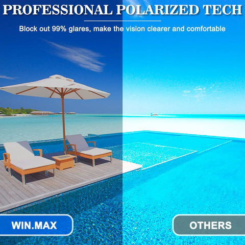 Straight Up Crisp Polarized Swimming Goggles For Outdoor Pool And Surf Featuring Legit Anti Fog Tech Tight Waterproof Fit And Top Tier UV Shield For Zero Glare Crystal Clear Vision at a beach with chairs and an umbrella.