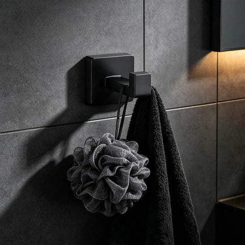 Solid Double Hook Wall Mount For Small Bathrooms Sleek Silver Finish Space Saving Towel Rack With Heavy Duty Grip Easy Wipe Design That Totally Flips Your Messy Vibe Today with black towel and bath sponge.