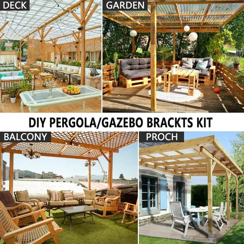 3 Way Pergola Bracket Kit For 3.5 By 3.5 Inch Beams, Heavy Duty Steel T Shaped Brackets And Post Anchors, Powder Coated Metal Gazebo Kit For Outdoor Patio Pergola, Fits 4x4 Posts, Hardware Included, 4 Pack