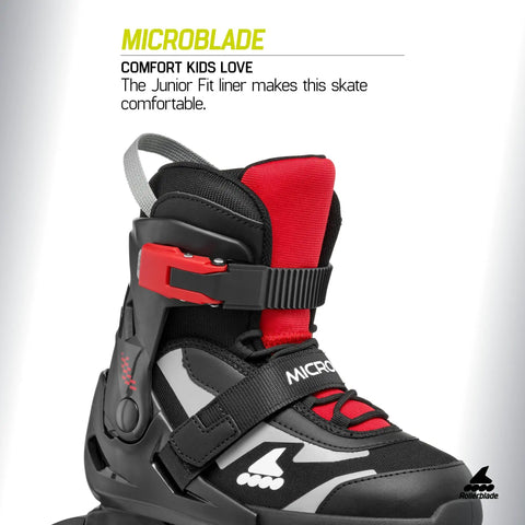 Close-up of Microblade Kids Adjustable Fitness Inline Skates Four Size System, black and red shell with comfort lining.