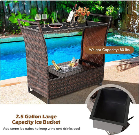 Patio Wicker Bar Cart With Wheels Ice Bucket Outdoor Rolling Beverage Counter Table Glass Top Modern Rattan Wine Serving Cart