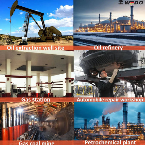 Collage showing oil extraction, oil refinery, gas station, auto repair, gas mine, and petrochemical plant sites.