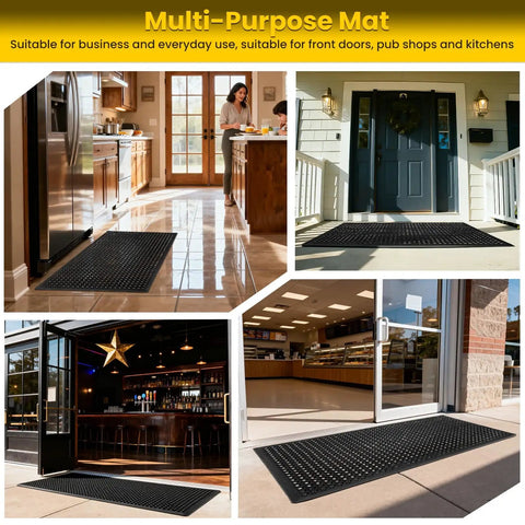 Heavy Duty Rubber Floor Mat With Drainage Holes For Garage Kitchen Restaurant And Outdoor Bar Use 36 By 60 Inches Non Slip Puddle Proof Durable Black Tough As Nails in various settings including kitchen, entryway, bar, and store entrance.