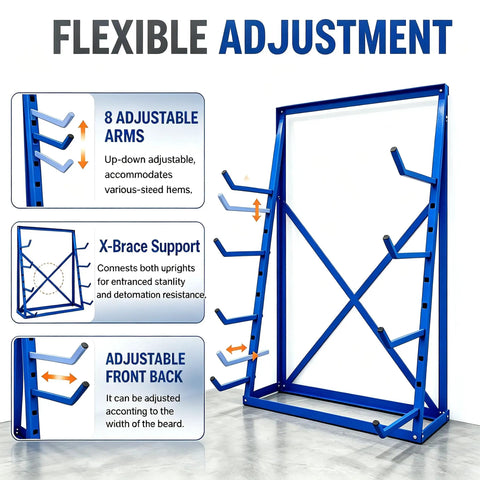 Beast Mode Cantilever Storage Rack Four Tier Steel Frame Supports Two Thousand Four Hundred Pounds For Lumber Pipes Metal Sheets And Garage Workshop Setup showcasing adjustable arms and X-brace support.