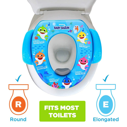 Baby Shark Soft Potty Training Seat With Hella Comfy Cushion and Secure Grip Handles Smooth Bathroom Transition For Toddlers, fits most toilets.
