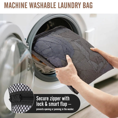 Hands placing laundry bag from 10 Piece And 8 Piece Packing Cubes Set For Travel Essentials Anti Wrinkle Buckled Suitcase Organizer into washer