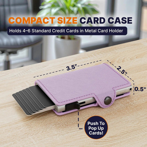 Pop Up Wallet For Women With RFID Blocking Slim Card Holder showing dimensions and pop-up card feature on wooden table