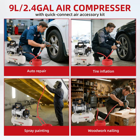 Ultra Quiet 1.5 HP Air Compressor With 2.4 Gallon Steel Tank Operates At Just 60 Dba Noise Level Perfect For Fine Detail Spray Painting Auto Garage Work And Woodworking Nailing Tasks Oil Free Piston Pump Design in auto repair and tire inflation.