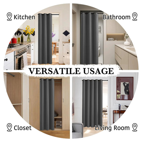 Versatile usage of 100 Percent Blackout Door Curtain For Doorways And Open Closets, Privacy Temporary Door, Thermal Insulated Drapes In Grey, 34 W X 80 L Inches, 1 Panel, Ideal For Bedroom Kitchen Laundry Or Patio, installed in different rooms.