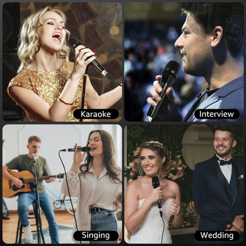 People using Pro Grade Dynamic Handheld Vocal Microphone For Singing And Karaoke With On Off Switch in various settings.