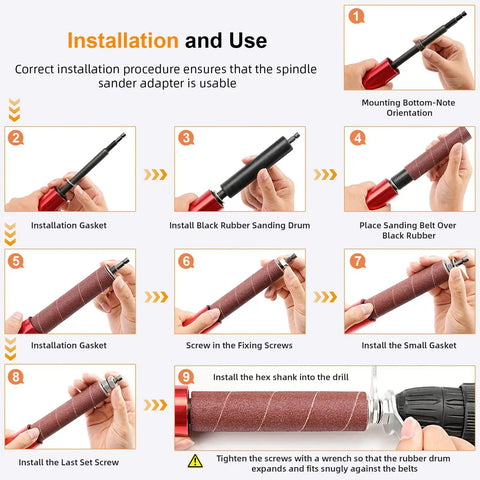 Top Shelf Spindle Sander Adapter Kit With Cushioned Rubber Sanding Drum Sleeve installation steps for standard drill conversion.