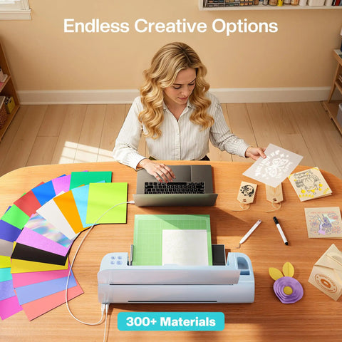 Smart Cutting Plotter With Automatic Calibration For Dope Diy Vinyl Htv And Cardstock Crafts on a creative workspace with various materials.