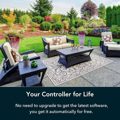 Outdoor patio with modern wicker furniture, lush garden setting, text highlights WiFi Smart Sprinkler Controller for 16 Zones.