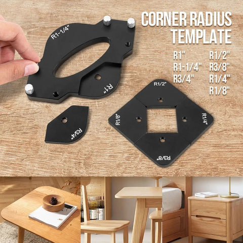 Pro Corner Radius Jig And Router Template Set For Woodworking, showing various aluminum templates on a wooden surface
