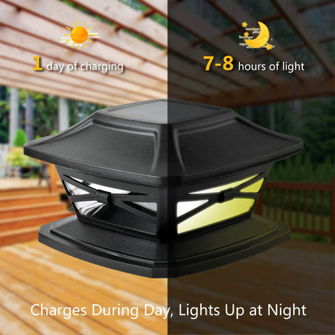 Solar Post Cap Lights With Flexfit Bases for 4x4, 5x5 and 6x6 wooden posts day-night cycle feature.