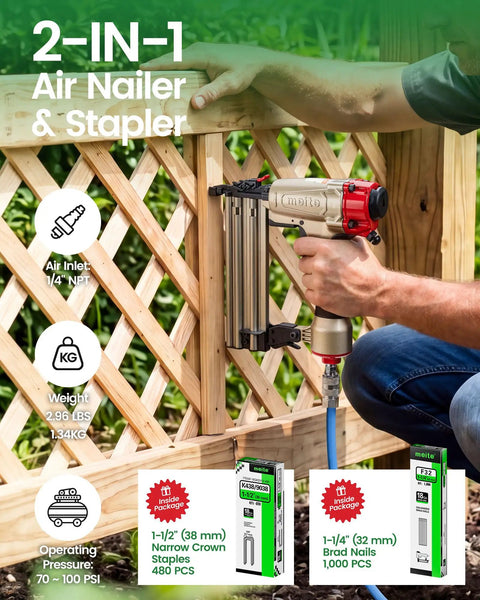 No Sweat 18 Gauge Two In One Pneumatic Nail Gun And Staple Gun Combo being used on a wooden fence with brads and staples.