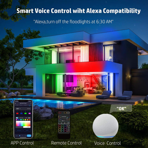 Modern house lit by Portable RGB LED Flood Lights Set With IP66 Waterproof Build 3600LM Output 400W Equivalent Smart App Remote Control.