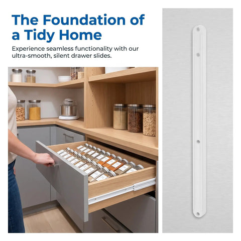 Top Shelf White Plastic Cabinet Drawer Slides Six Pack Side Mount Runners installed in a kitchen drawer with spices.