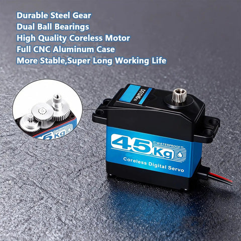 Close-up of Two Pack 45Kg High Torque RC Steering Servo with coreless stainless steel gears, waterproof design, and CNC aluminum case.