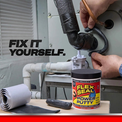 Beast Mode Moldable Rubberized Sealant Putty, Knockout Waterproof Gap Filler, used for plumbing leak repair with hands applying.