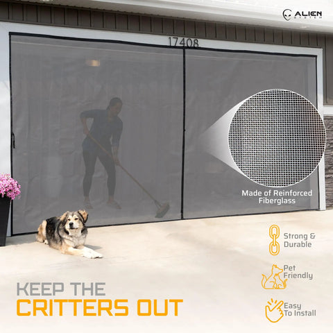 Product image of Keep It Breezy With This Hands Free Magnetic Garage Door Screen 9x8 Ft, showing durable fiberglass mesh blocking insects.