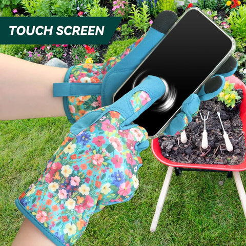 Woman wearing Womens Gardening Gloves With Printed Design And Touchscreen Grip For Thorn Proof Puncture Resistant Work Gloves while using a smartphone.