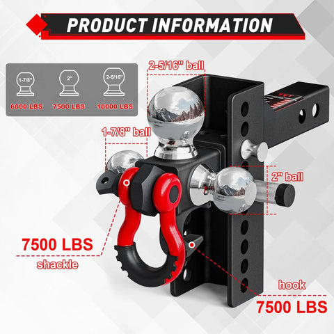 Adjustable Heavy Duty Tri Ball Trailer Hitch For 2 Inch Receiver With 4.5 Inch Rise And Drop Includes Hook, Shackle, 7500 LBS