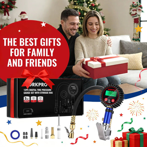 Couple exchanging gifts next to Digital Tire Pressure Gauge With Inflator Kit, 250 PSI, Pro Grade Heavy Duty Accessories