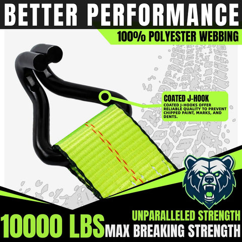 Killer Heavy Duty Ratchet Straps With J Hooks Two Inch By Fifteen Foot Ten Thousand Pound Breaking Strength Tie Down Cargo Straps For Truck Trailer Moving Fluorescent Green Four Pack showing coated J-hook and polyester webbing.