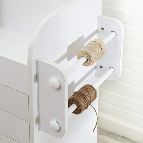 Game Changing Rolling Craft Storage Cart With Three Roomy Drawers And Broad Open Shelves For Bulk Wrapping Paper Ribbon Spools And DIY Gear Featuring Easy Glide Locking Wheels To Keep Your Studio Hustle Neat, displaying spool rods holding twine.