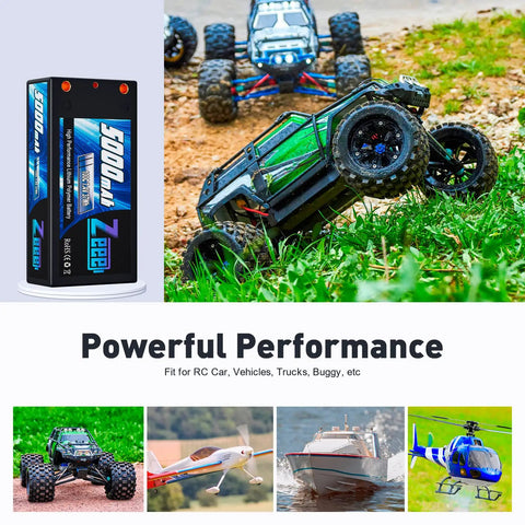 2S Shorty Lipo Battery 5000mAh 7.4V 100C Hard Case with RC cars, truck, boat, and helicopter, showcasing versatile use.