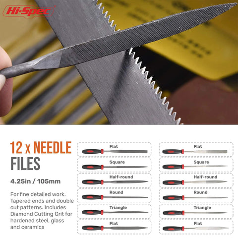 18 Piece Metal Hand And Needle File Set Kit With T12 Carbon Steel Files; close-up of flat file on serrated blade