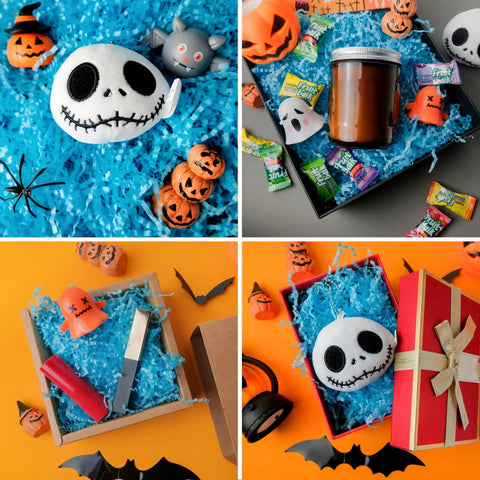 Top Shelf White Crinkle Paper Shreds And Gift Basket Filler No Brainer Cushioning Material For Shipping Boxes And Crafts, used in Halloween gift setups.