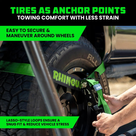 Badass Car Hauler Tie Down Straps Four Pack Two By Eight Foot Lasso Kit securing around a tire with green webbing.