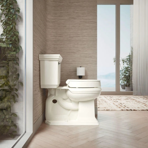 Hyten 3 Inch Elevated Soft Close Round Toilet Seat Biscuit Finish in modern bathroom setting, showing raised height and comfort grip.