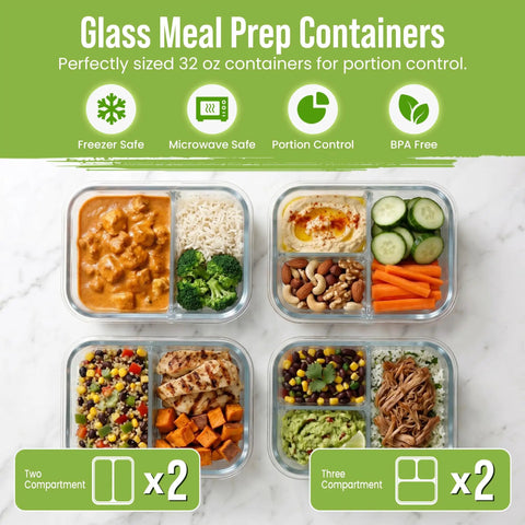 Glass Meal Prep Containers With Lids 32 Oz 4 Pack 2 And 3 Compartments filled with diverse meals, showcasing portion control feature.
