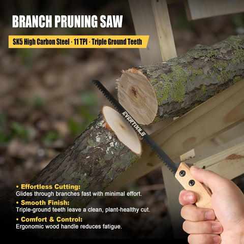 Precision Japanese Pull Saw Set Comes With Heavy Duty Sk5 Steel Ryoba And Flush Cutting Blades For Crisp Woodworking Trim And Yard Pruning Featuring Sweet Swing Action And Zero Sweat Operation, showing a compact branch pruning saw with ergonomic wood handle.