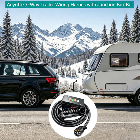 Heavy Duty Pure Copper 7 Way Trailer Plug And Waterproof Junction Box Kit With 6 Foot Extension Cord setup with RV and vehicle backdrop.