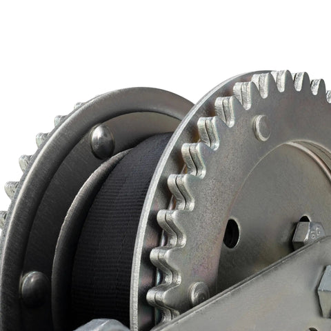 Close-up of 2000lb Manual Boat Trailer Winch With 20 Foot Strap, Two-Way Ratchet And Neutral, showcasing gear teeth.
