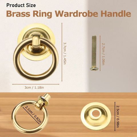 4 Pack Gold Vintage Ring Drawer Pulls With Screws, showing round antique brass design, dimensions, and included screw