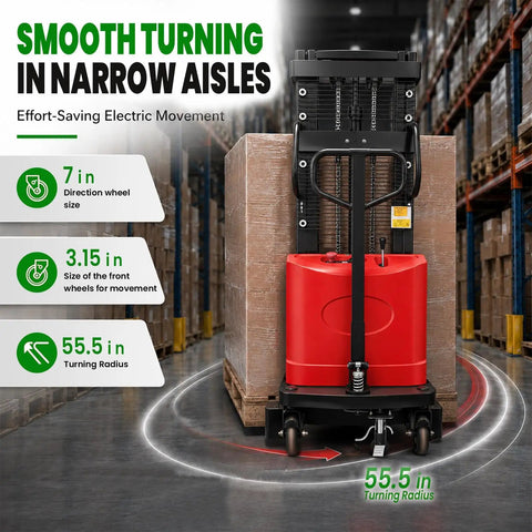 Super Heavy Duty Semi Electric Pallet Stacker With A Killer 3300 Pound Lift Capacity And Nine Foot Four Inch Vertical Reach Perfect For Cranking Heavy Loads In The Factory Warehouse Like A Pro, showcasing smooth turning in narrow aisles and wheel sizes.