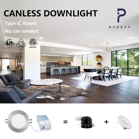 Premium LED Canless Recessed Light 4 Inch 5 CCT Dimmable Fixture With Junction Box Easy Install Brushed Nickel in modern room